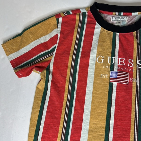 VTG GUESS David Sayer Vertical Stripe T Shirt Embroidered US Flag Spellout Y2K M - Picture 10 of 16